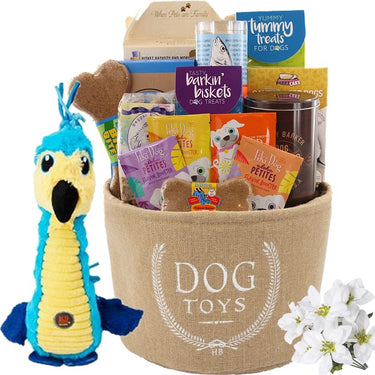 Holiday Dog Toy Storage Bin with Goodies