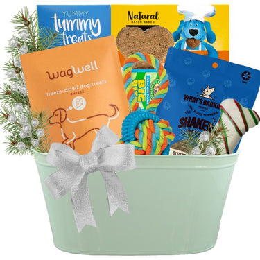 Christmas Dog Gift Basket with Gourmet Treats and Toy